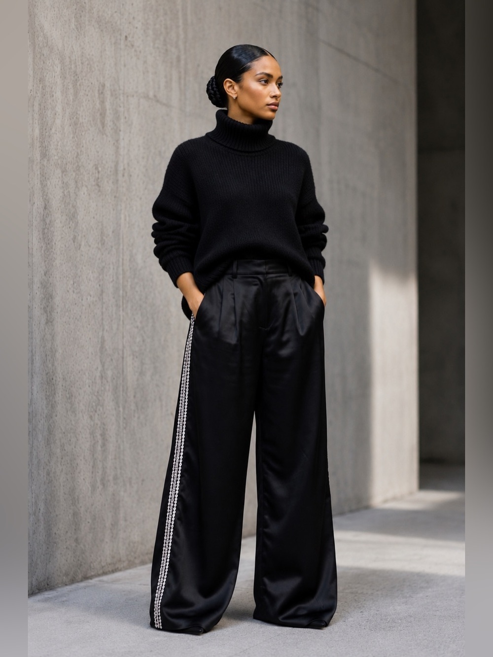 House of Harlow 1960 Dark Academia Black Satin Wide Leg Pants with Beaded Trim